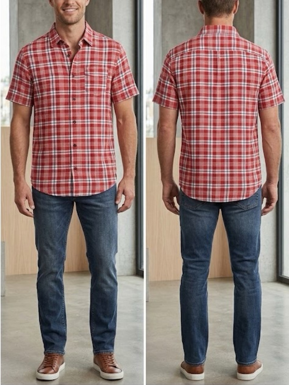 Buffalo David Bitton Red and White Plaid Short Sleeve Button-Down Shirt